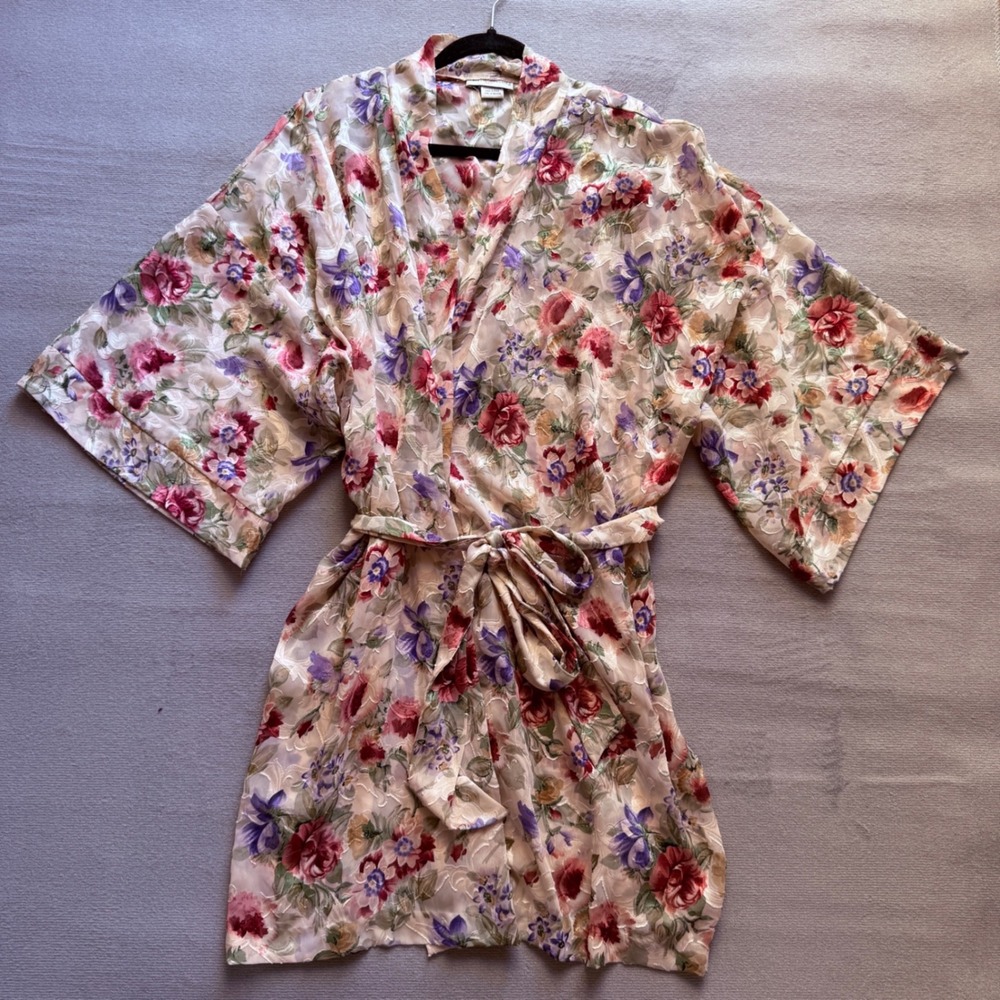 Private Luxuries Womens Vintage Floral Sheer‎ Burnout Robe Kimono Size XL Granny